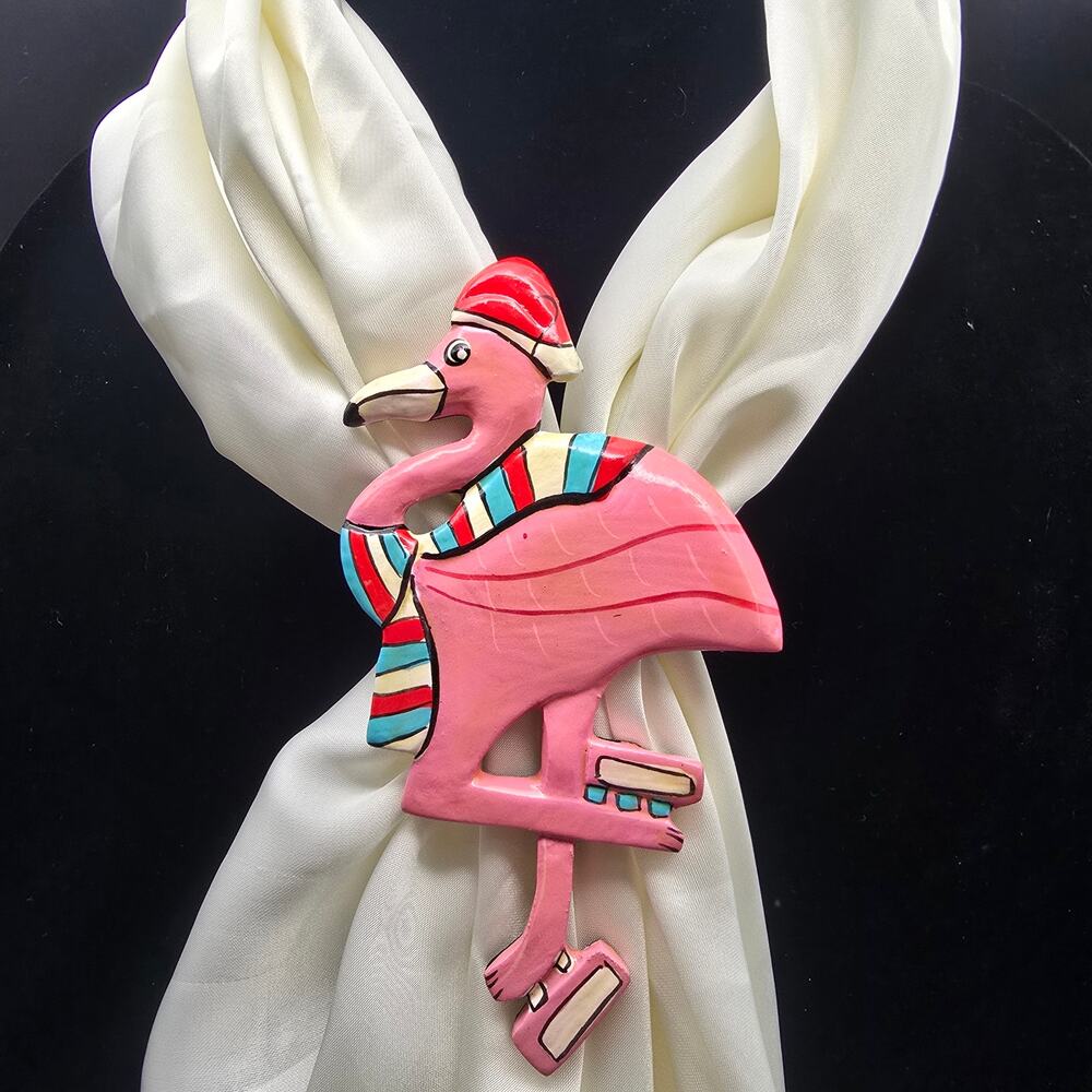 Flamingo Scarf Clip Slide Charm Ring Christmas in July Hand Painted Wood